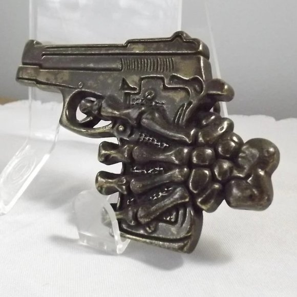 Distressed Pistol in a Skeleton Hand Novelty Belt Buckle - Picture 2 of 9